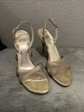 Stuart Weitzman Gold and Rhinestone Slingback Heels